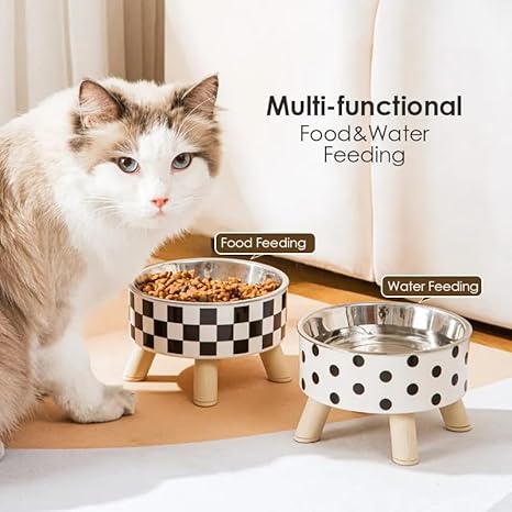 High Rise Cat &amp; Dog Food Bowl - Stainless Steel Elevated Cat Bowls Protecting Spine 
