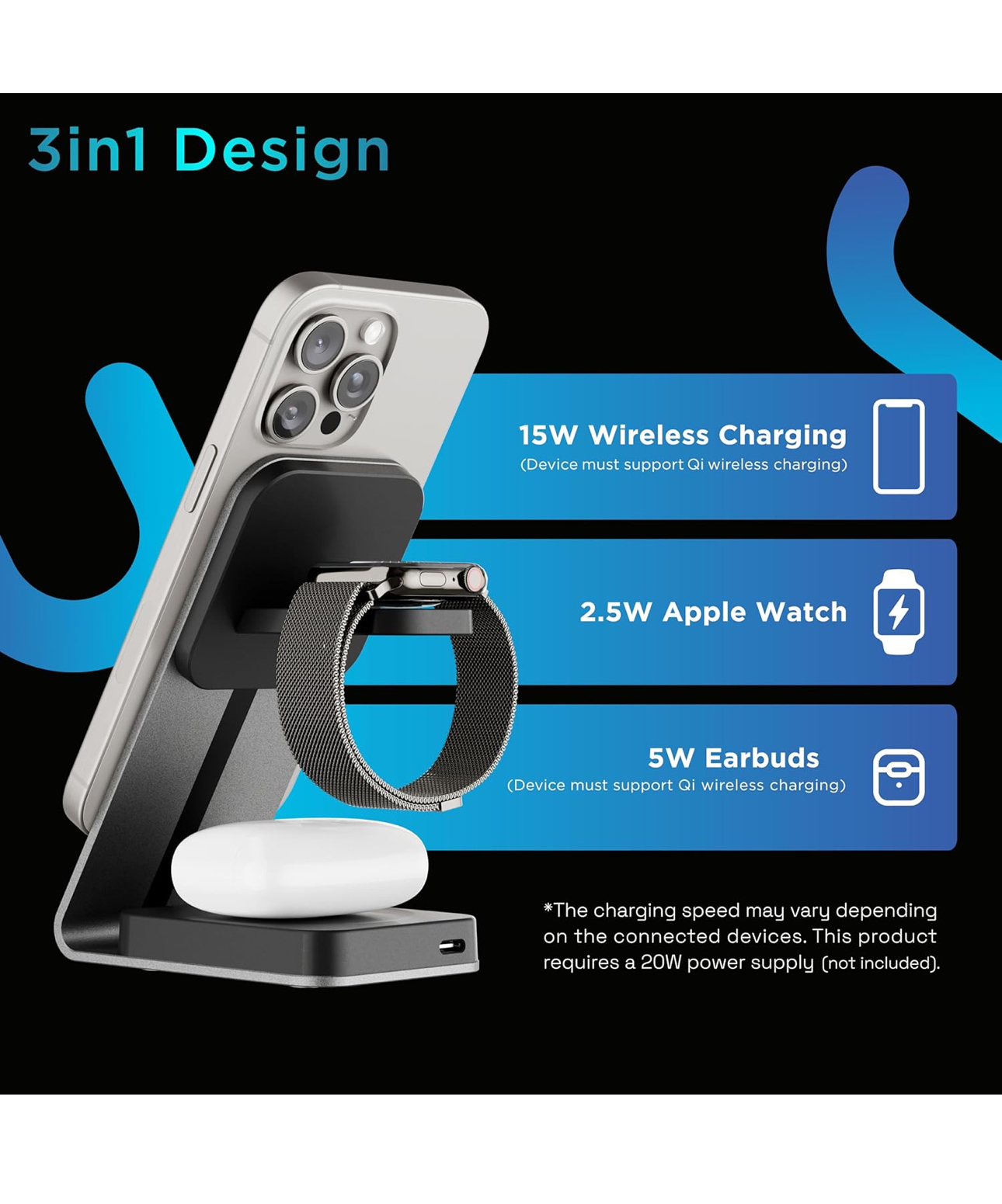 URBN Wireless Charger 3 in 1 Magnetic MagSafe Charging Metal Stand for Apple iWatch