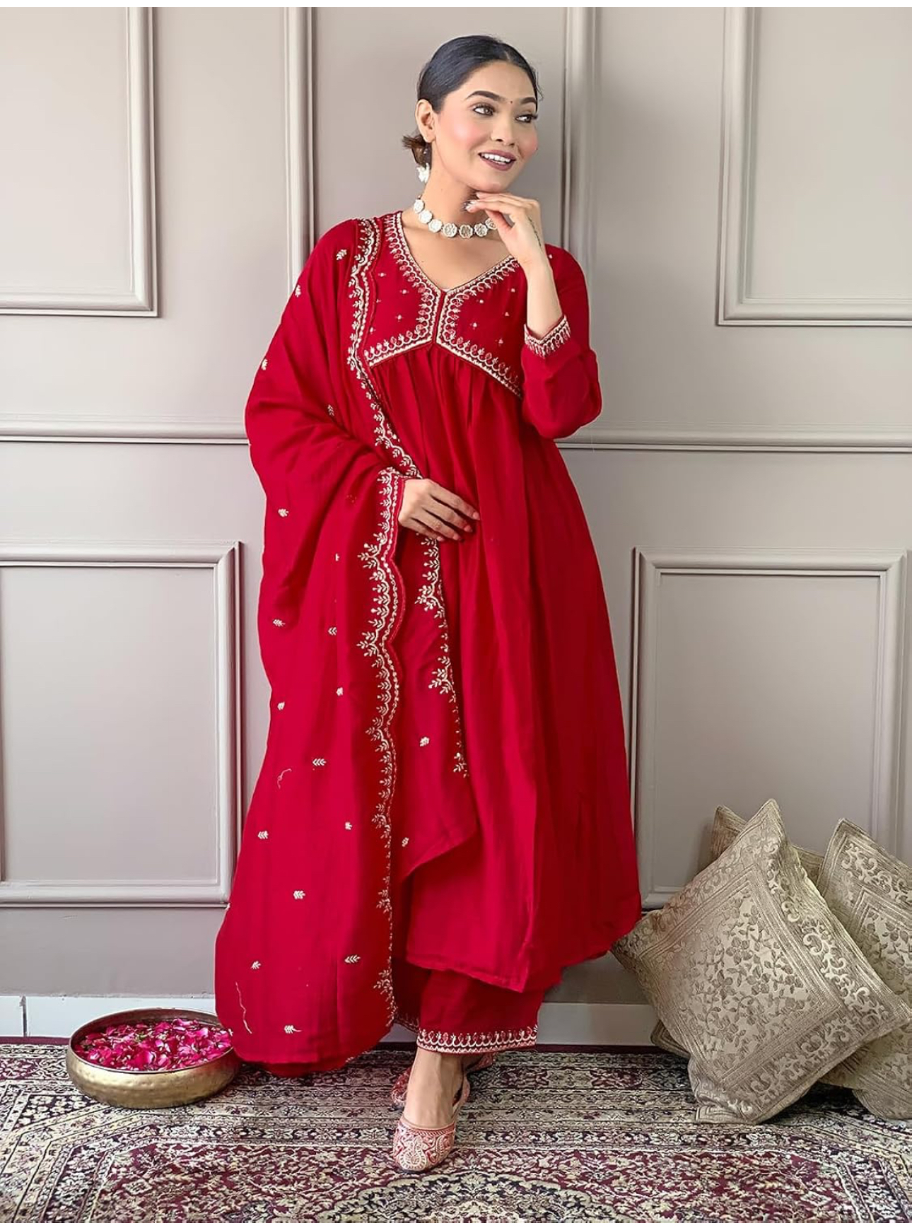 Naixa Women's Vichitra Silk Embroidered A-line Kurta