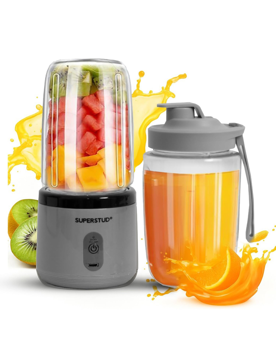 SUPERSTUD Blender Mixer Grinder | Mini Blender for Smoothies & Juices | 2-Jar Capacity (400ml*2) | 45 Watts Bullet Rechargeable Portable Juicer | Auto-Stop After 40s (ROYALGREY)