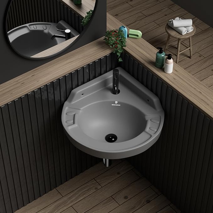 REMANENCE Ceramic Wall Hung Corner Wash Basin for Bathroom | Wall Mounted Corner Sink | Space-Saving, Durable