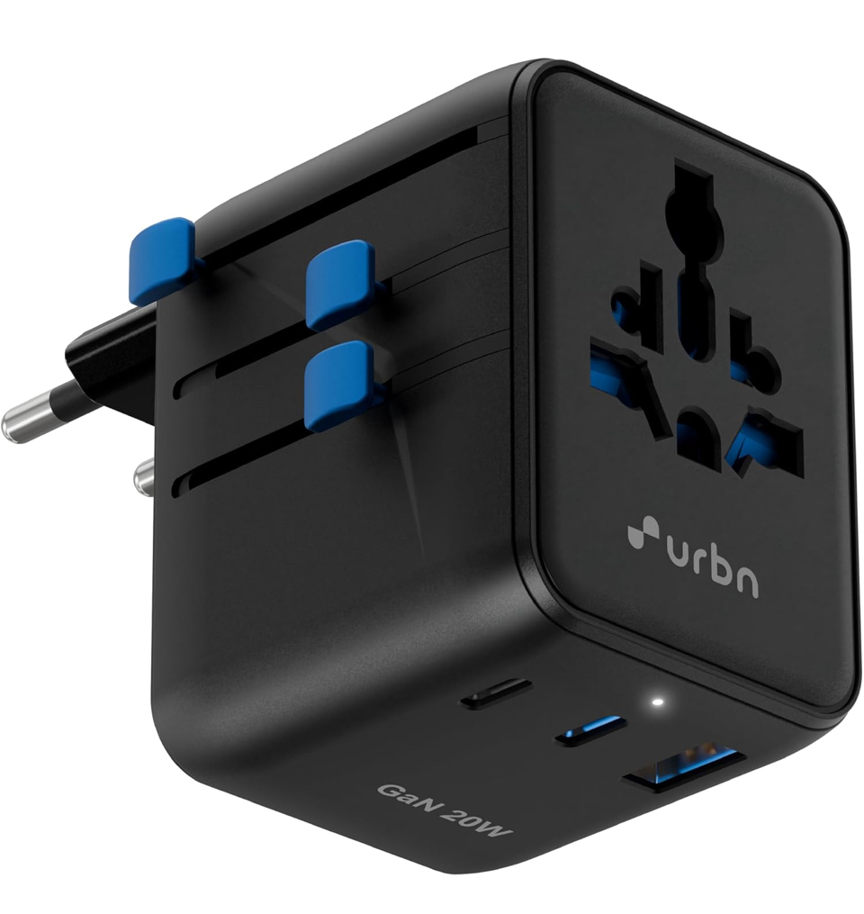 URBN 20W GaN Universal Adapter | Charge 4 Devices Simultaneously | 2400W Universal Socket | Dual USB-C