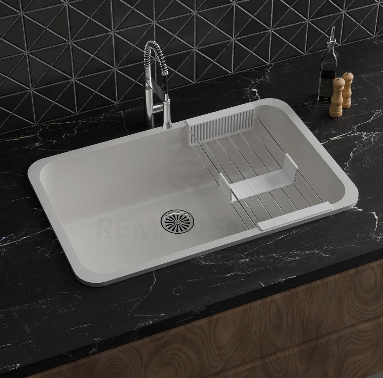 REMANENCE Granite Quartz Singke Bowl Kitchen SInk | Matte Finish Kitchen Sink With Drain Board and Drainer Basket | Modern Sink for Kitchen (31 x 19 x 9 Inch) (Grey Stone)