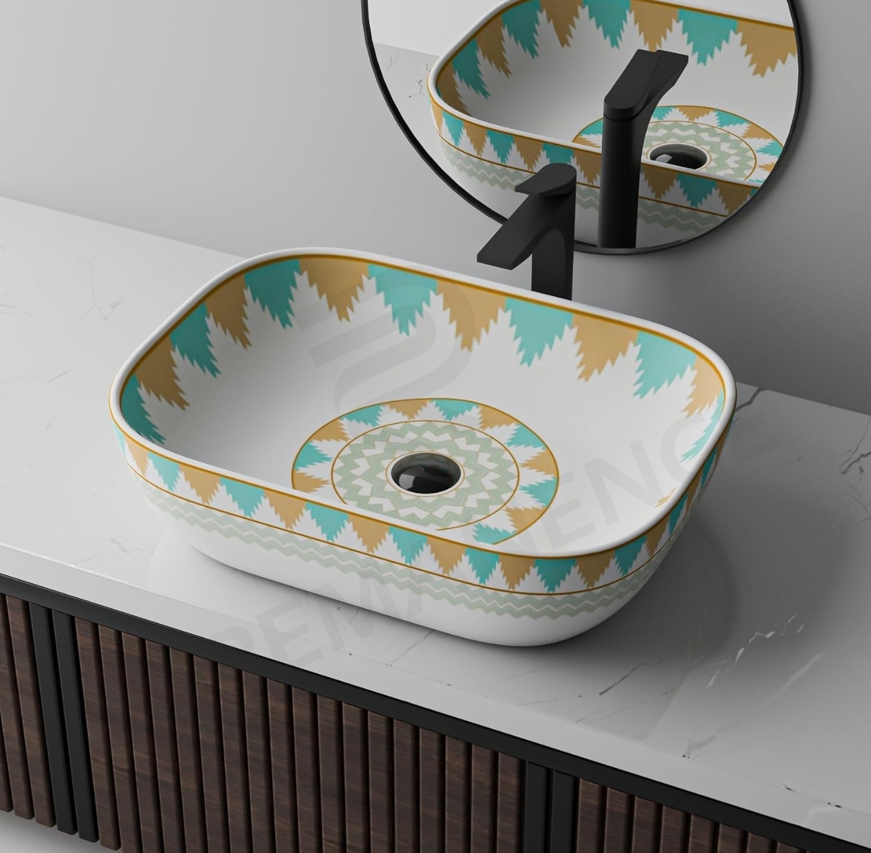 REMANENCE Ceramic Table Top Wash Basin | Designer Table Top Bathroom Basin Sink | Vessel Sink Wash Basin Over Counter for Bathroom, Hotel, Home Living Room (18 x 13 x 5.5 Inch) (Moroccan 1154)
