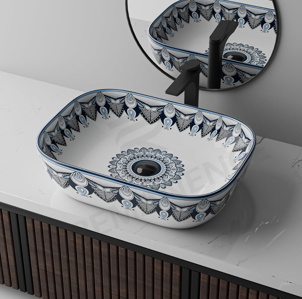 REMANENCE Ceramic Table Top Wash Basin | Designer Table Top Bathroom Basin Sink | Vessel Sink Wash Basin Over Counter for Bathroom, Hotel, Home Living Room (18 x 13 x 5.5 Inch) (Moroccan 1157)