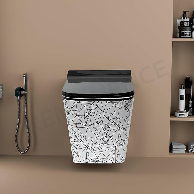 REMANENCE Ceramic Commode Wall Mount/Wall Hung Western Toilet Commode for Bathrooms | Moroccan Design Commode with Soft Close Seat Cover (RWH03, 5