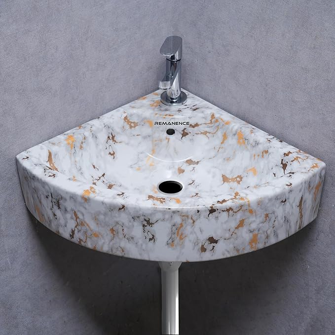 REMANENCE Ceramic Wall Hung Corner Wash Basin for Bathroom | Wall Mounted Corner Sink