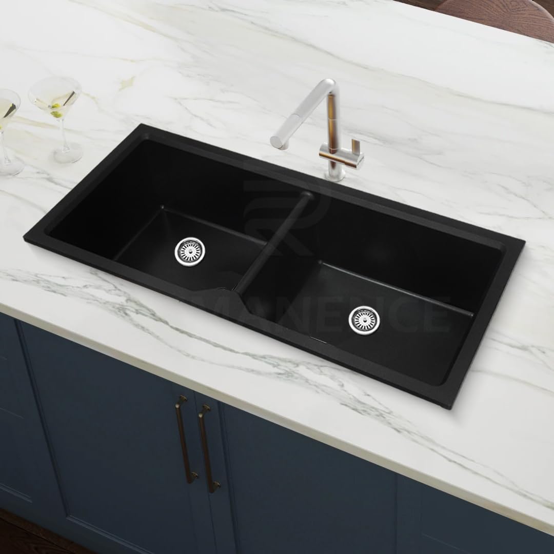 REMANENCE Granite Quartz Double Bowl Kitchen Sink With Drain Board Flushmount