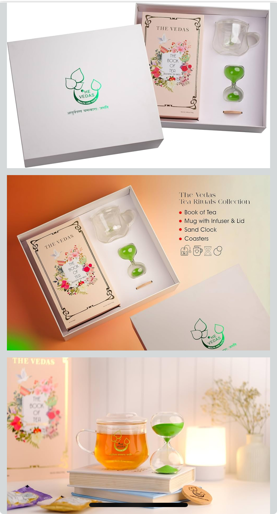 The Vedas Tea Chest | Premium tea gift hamper | Includes 1 Book of Tea, 1 Branded Mug, 1 Sandclock as per teas, 2 coasters