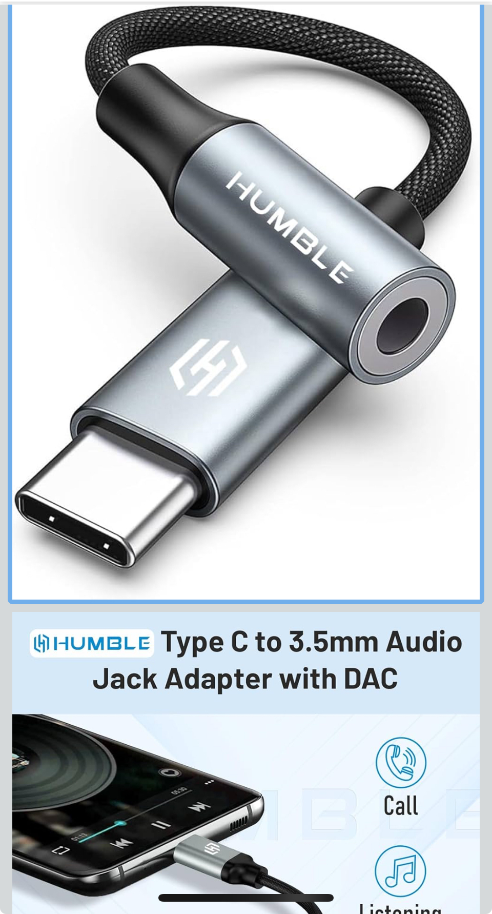 HUMBLE Type-C to 3.5mm Audio Jack Adapter with DAC â€“ Compatible with iPhone 15 Pro Max/ 15 Pro/ 15 Plus, Galaxy S24/ S24 Ultra/ S23/ S23 Ultra/ S22/ S21, Flip/Fold, iPad Pro