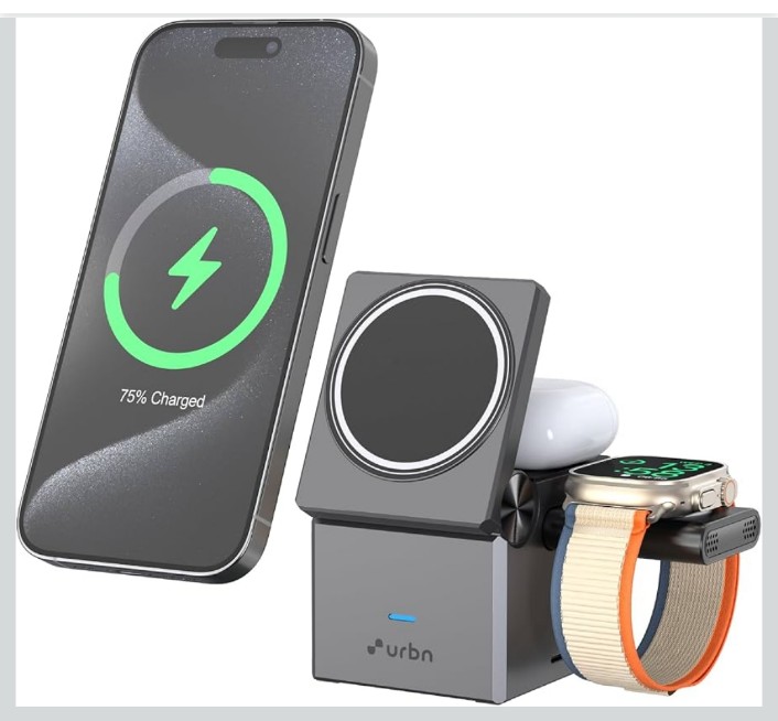 URBN Wireless Charger 3-in-1 MagSafe Charging Stand | Foldable Charger for Apple iWatch, AirPods, iPhone 16/16 Pro/16 Plus/15/15 Pro Max & Qi-Compatible Smartphones