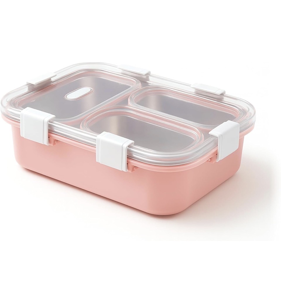 JIVEEX 3 Compartment Stainless Steel Lunch Box with Transparent Lid | Leak Proof Tiffin Box with Chopsticks