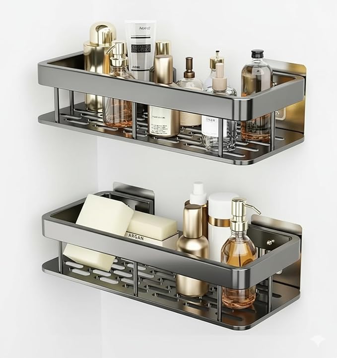 Pack of 2 Aluminium Self Adhesive Bathroom Shelf for Wall Shelf