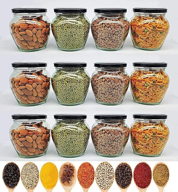 Glass Jar with Air Tight Black Lid for Kitchen Dried Masla Storage Items Storage