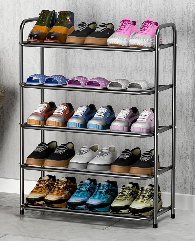 WONDWILD 5-Tier Metal Shoe Rack – Sturdy Black Shoe Organizer